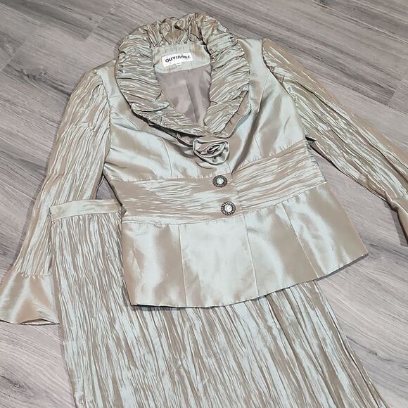 Vintage Ouvianne Tafeta Crinkle Green Irridescent Skirt/Blazer Semi Formal Set - Picture 1 of 10